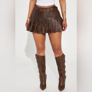 Brown Pleated Faux-Leather Mini Skirt - Women's